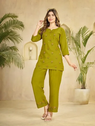 Multi Embroidery Co ords Set - Olive Green